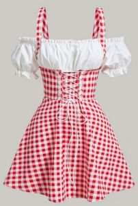 Adult Female Costumes to Hire - Red & Pink Gingham dress - L